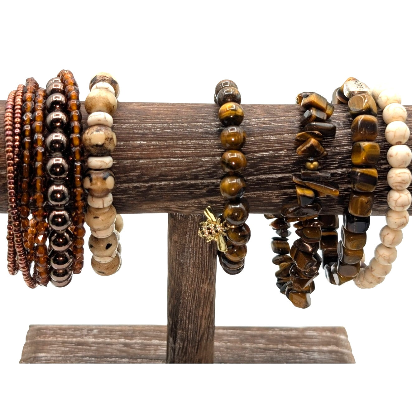 Lot of Six Brown/Cream Stone & Beaded Bracelets
