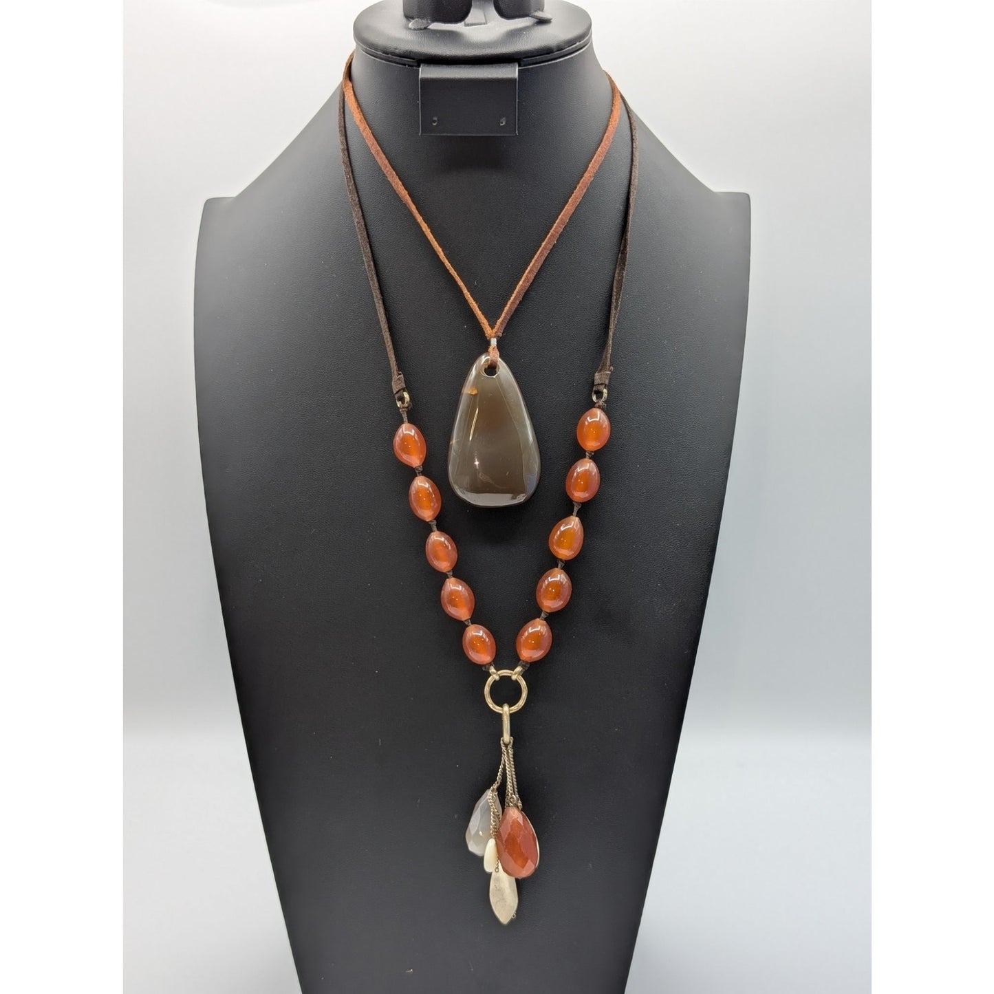 Two Boho Beaded Leather Cord Brown Tone Stone & Glass Bead Necklaces
