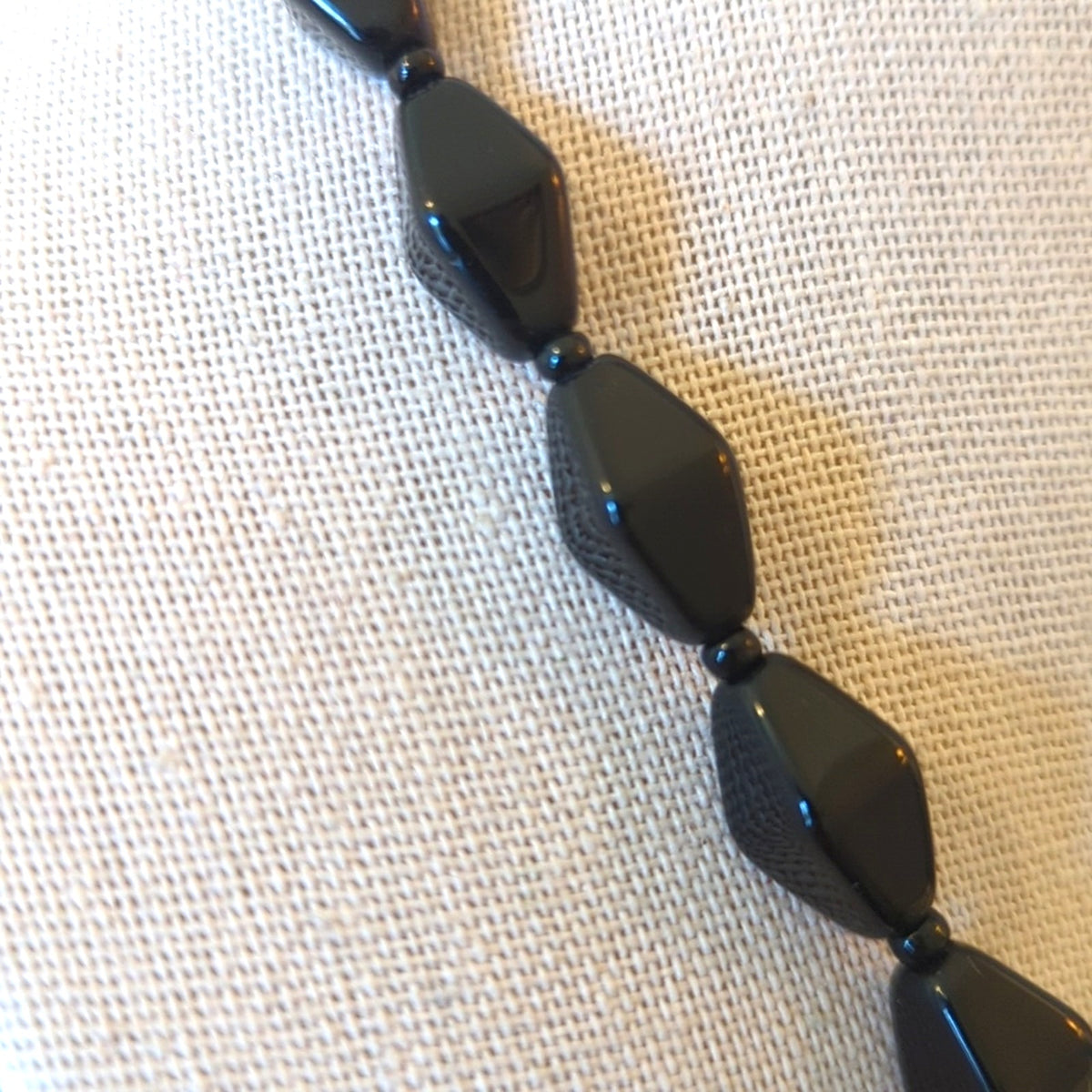 Midcentury Vintage Black Glass Beaded 18" Necklace W/ Spring Ring Clasp