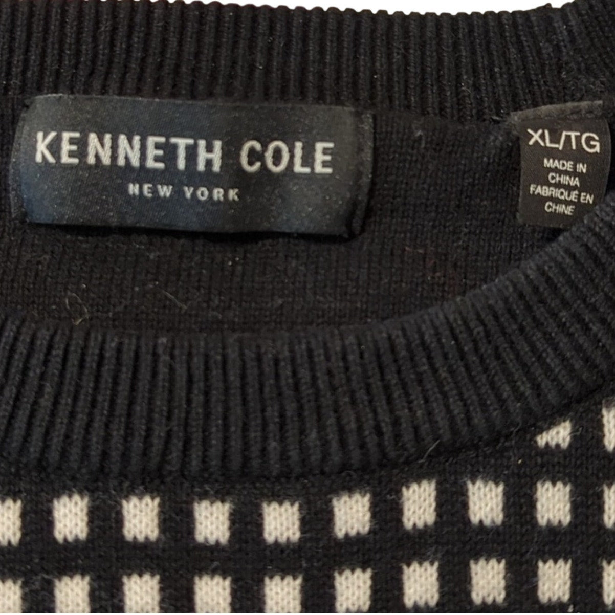 Kenneth Cole New York 100% Cotton Black Check Crew Neck Sweater Size XL