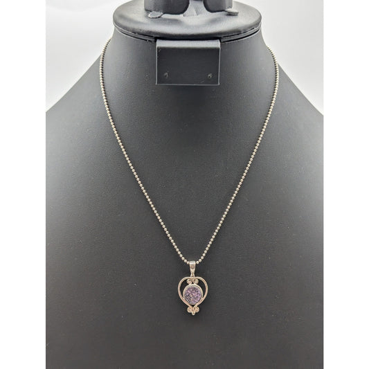 Signed Sajen 925 Sterling Blue Purple Druzy Pendant Bead Ball Chain 18" Necklace