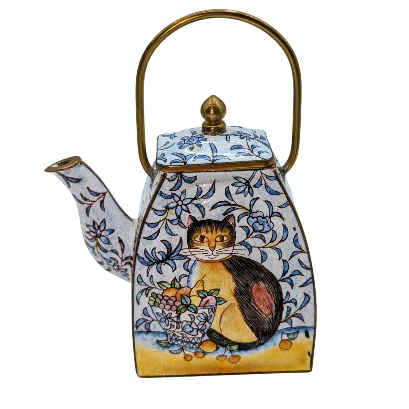 Vintage Empress Arts 1999 Enamel Cat Brass Collectible Mini Teapot
