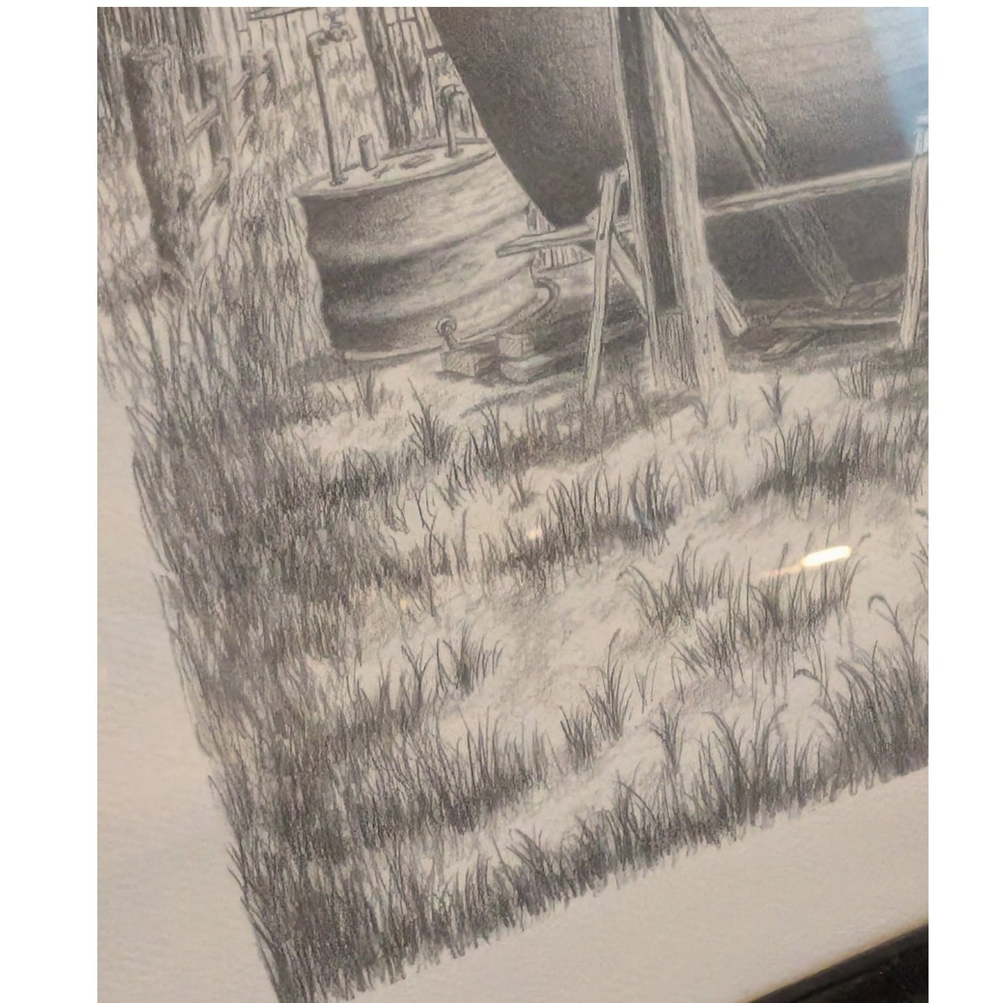 Original Artist Signed Bruce Reynolds Black Wood Framed Pencil Drawing 'Drydock'