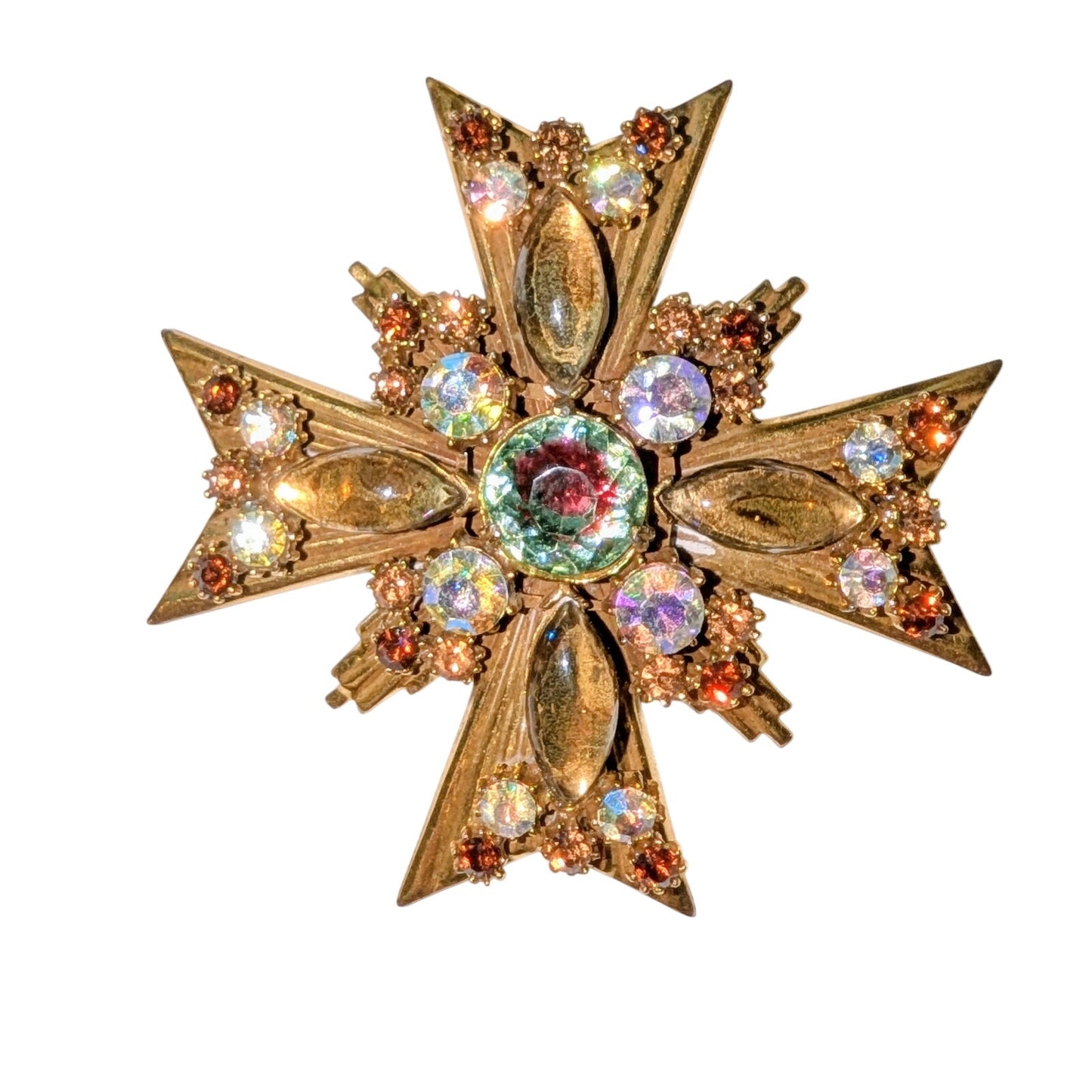 Vintage Florenza Watermelon Maltese Cross Rhinestone Art Glass Brooch Pendant