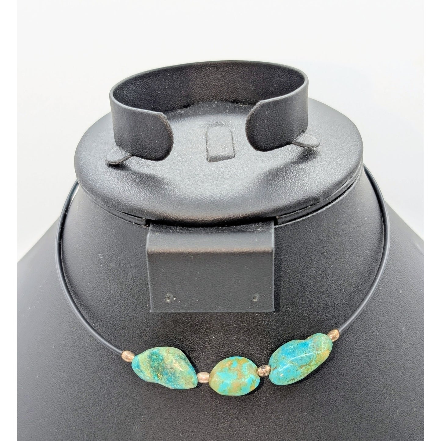 Vtg 70s Boho Blue Stone 925 Sterling Bead Black Cord Adjustable Choker Necklace