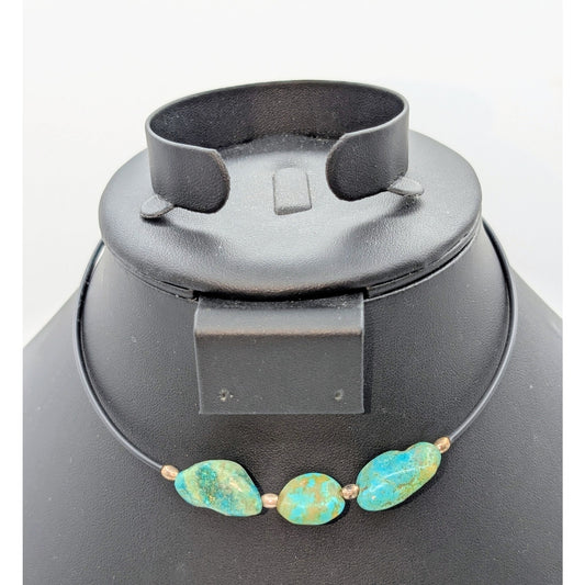 Vtg 70s Boho Blue Stone 925 Sterling Bead Black Cord Adjustable Choker Necklace