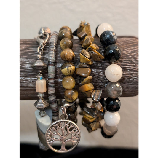 Five Black Gray Brown White Bead/Stone/Crystal Bracelet Lot