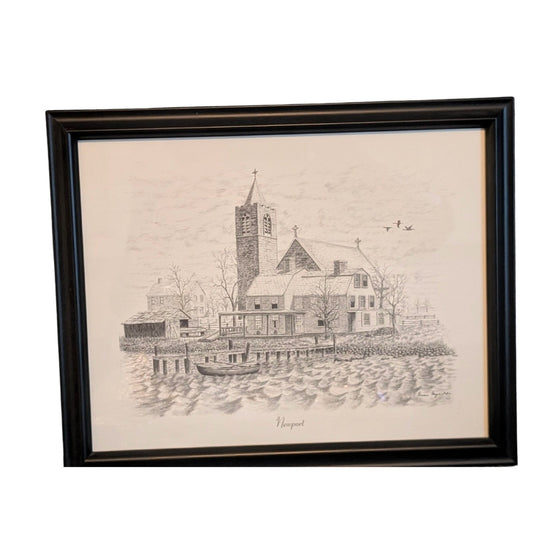 Original Artist Bruce Reynolds Signed Black Wood Frame Pencil Drawing 'Newport'