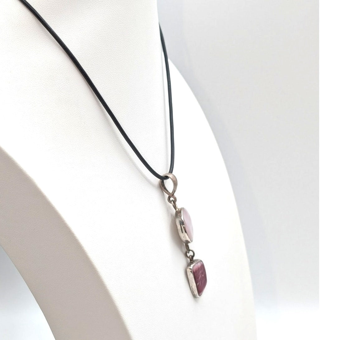 Vtg 925 Sterling Silver Pink Mother of Pearl & Purple Spiny Oyster Cord Necklace