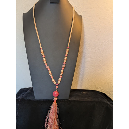 Pink Glass Bead Leather Cord Pink Satin Tassel Long Boho Necklace