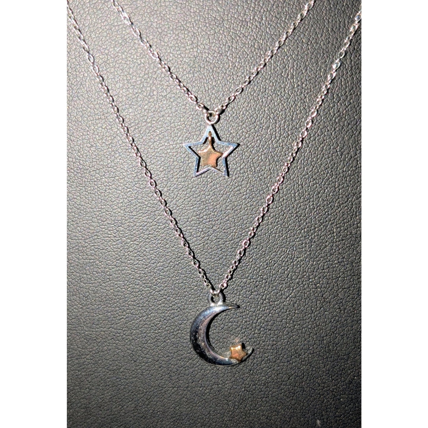 JCM Stainless Steel Double Strand Stars & Moon Two Tone Pendants Chain Necklace