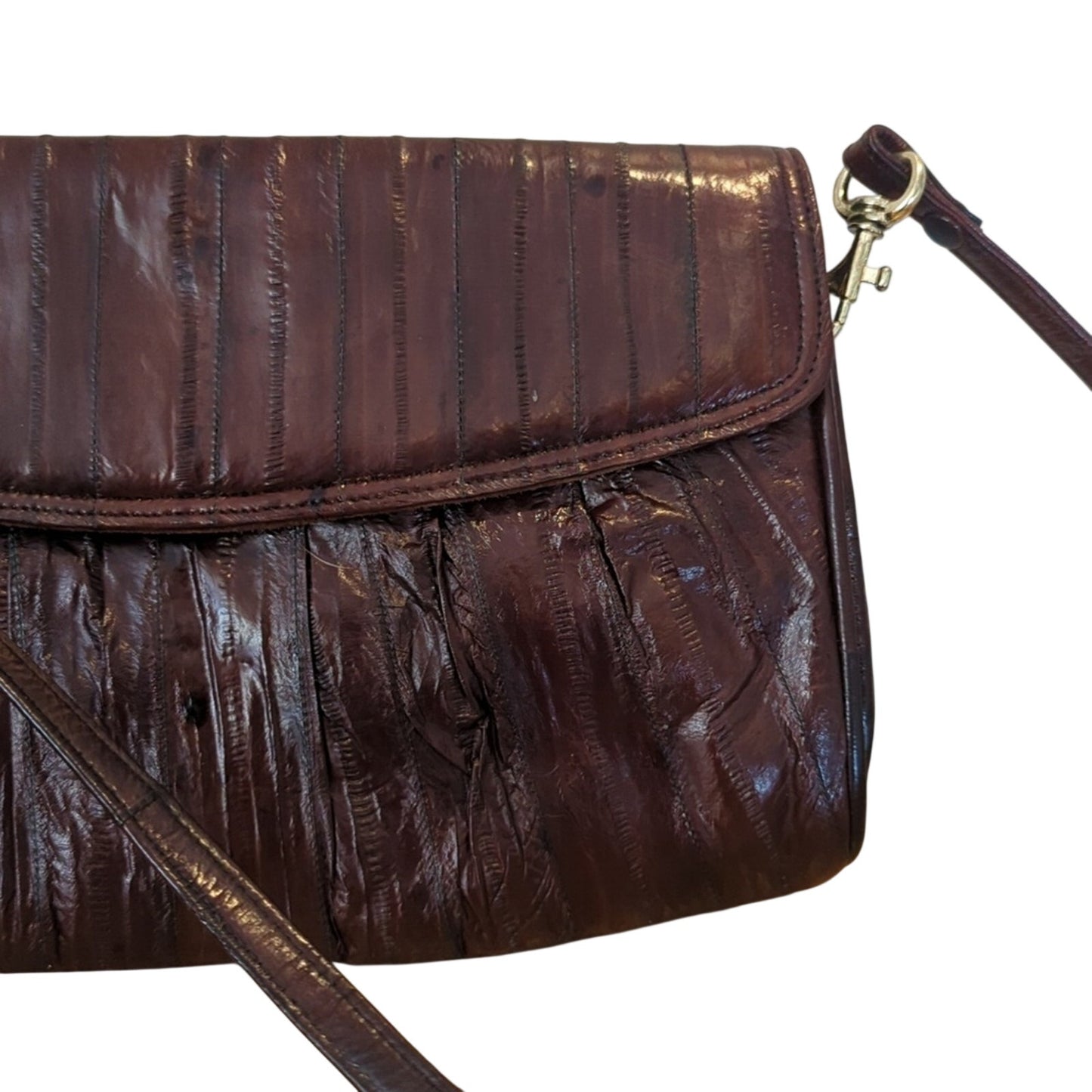 Vintage Leather of the Sea Brown Eel Skin Flap Closure Crossbody Handbag