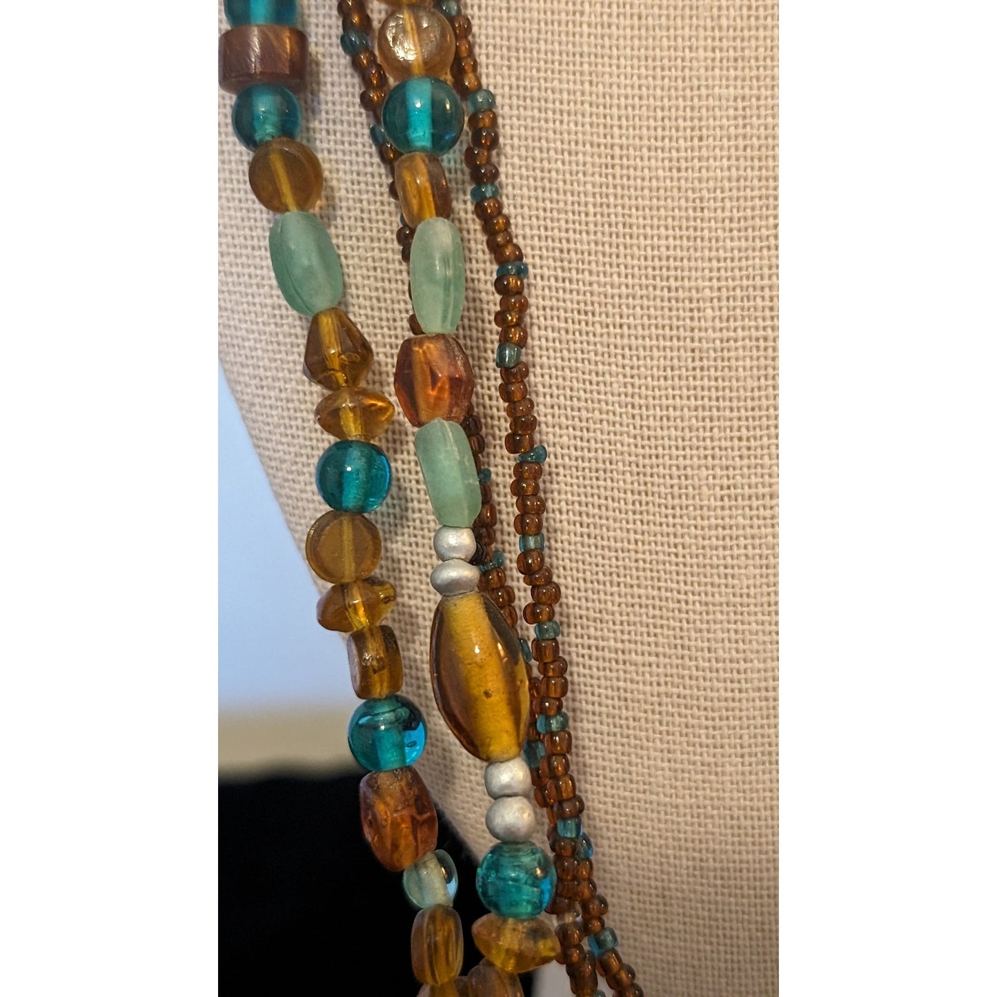 Multi-Strand Brown, Aqua Beaded 30-33" Necklace