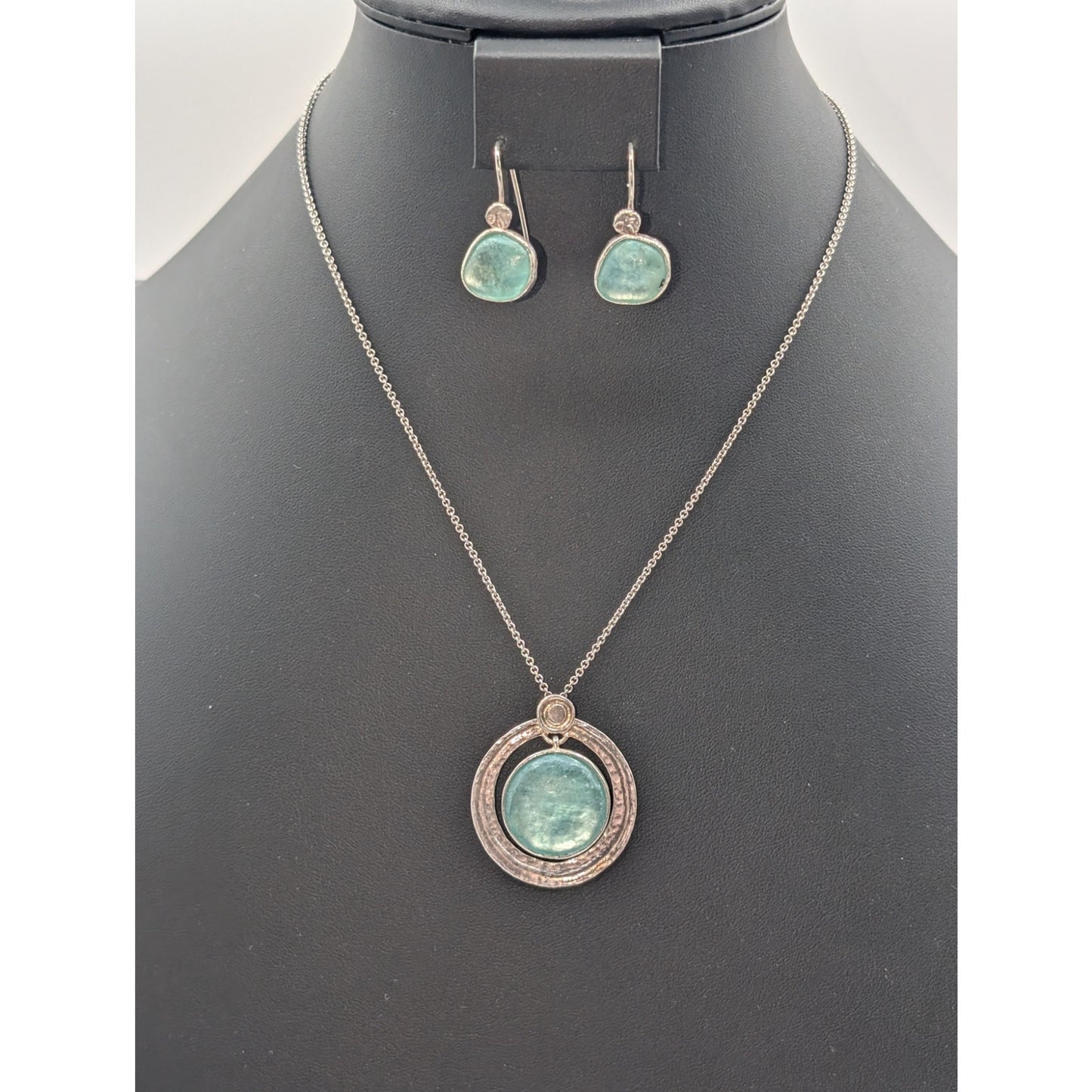 Vtg 925 Sterling Silver Israel Made Roman Glass Pendant Necklace & Earring Set
