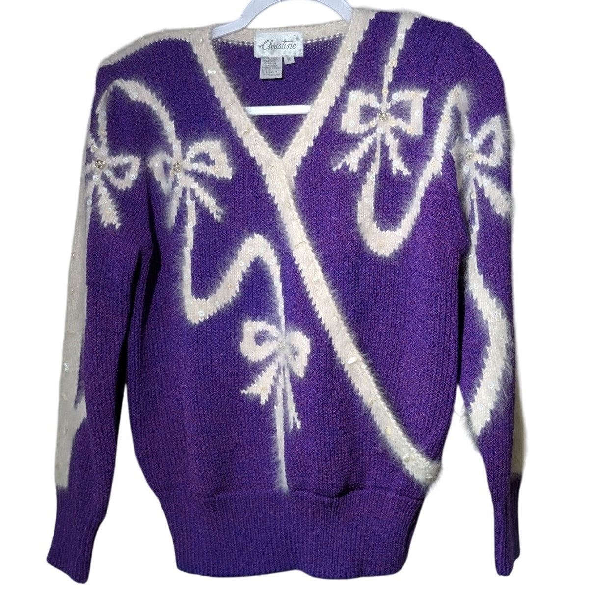 Vintage 80s Christine Purple Angora Bows Faux Pearls Sequin Sweater Women's M