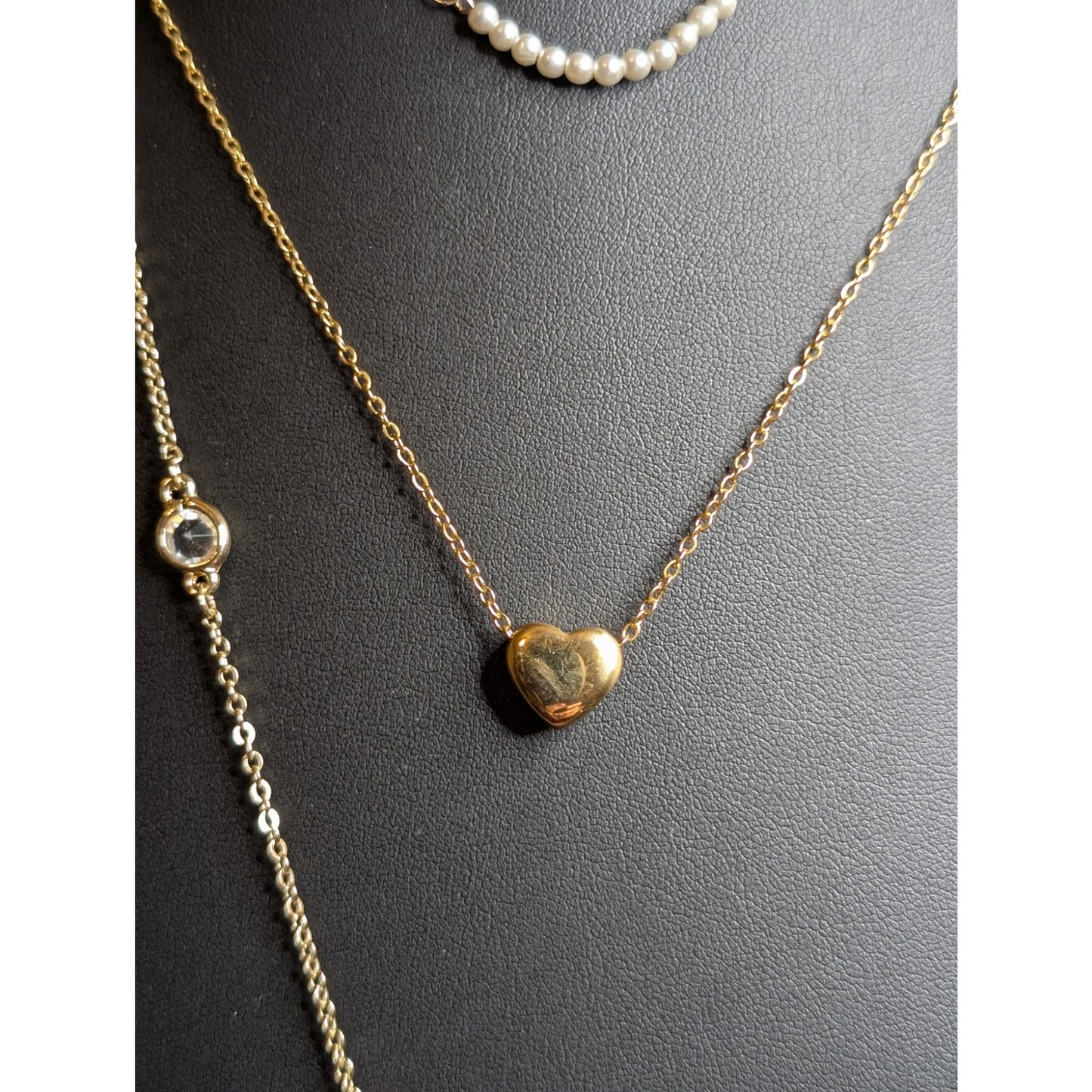 Three Layered Gold Tone Crystal Pearl Heart Necklaces