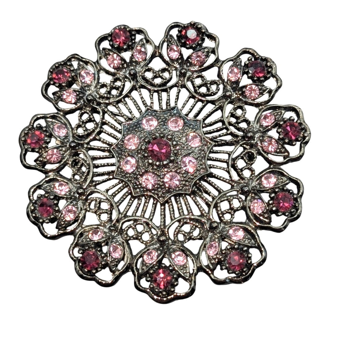 Gun Metal Filigree Pink Maroon Rhinestone Brooch