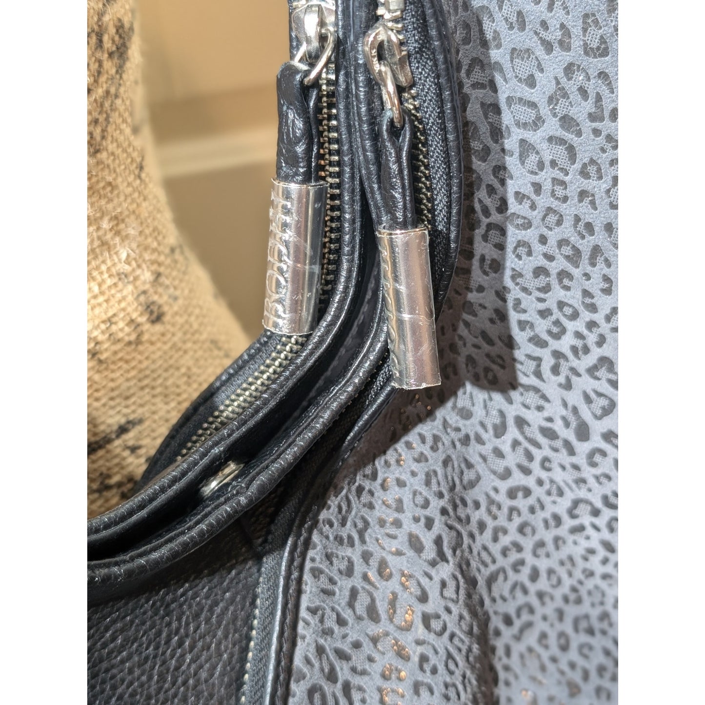 BODHI Black Leather Silver Subtle Metallic Leopard Hobo Bag