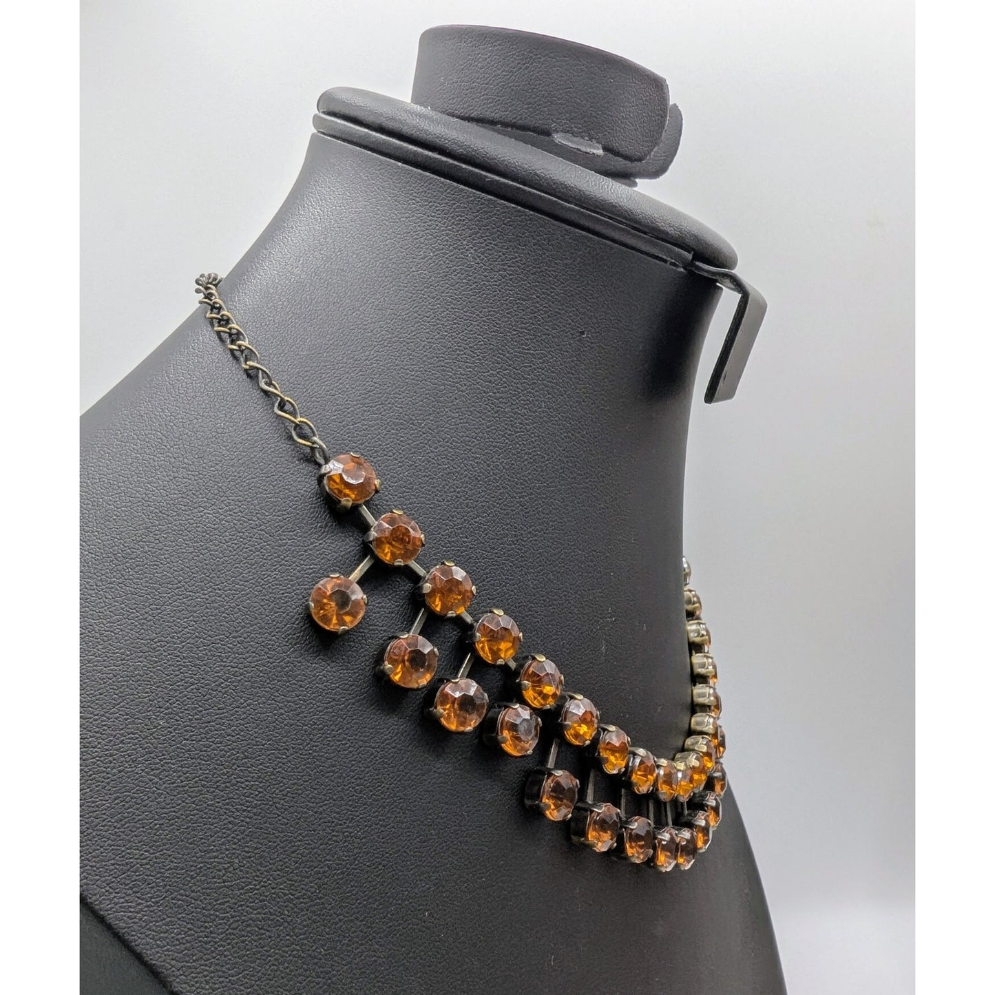 Smoky Topaz Color Rhinestone Bronze Metal 15"-18" Collar Statement Necklace