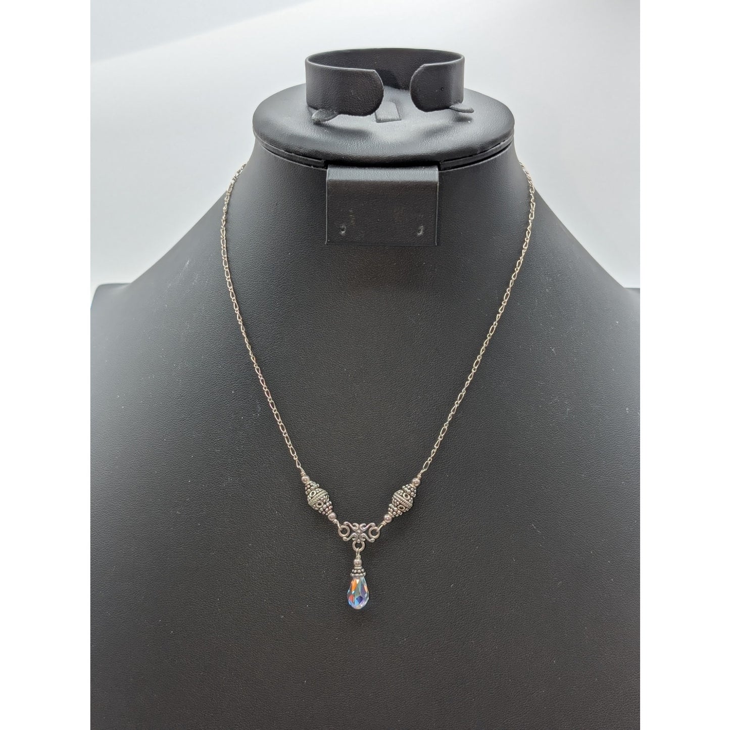 Vintage 925 Sterling Silver Beaded Chain Y Drop AB Crystal Teardrop Necklace