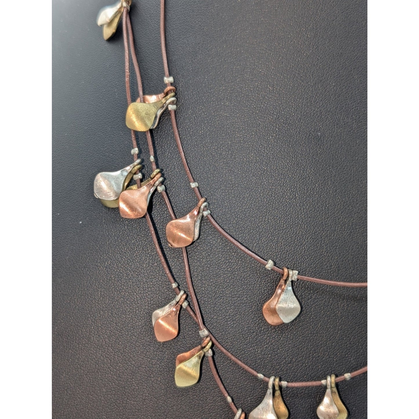 Brown Triple Corded Strand Tri-Color Metal Dangle 18"-20" Necklace