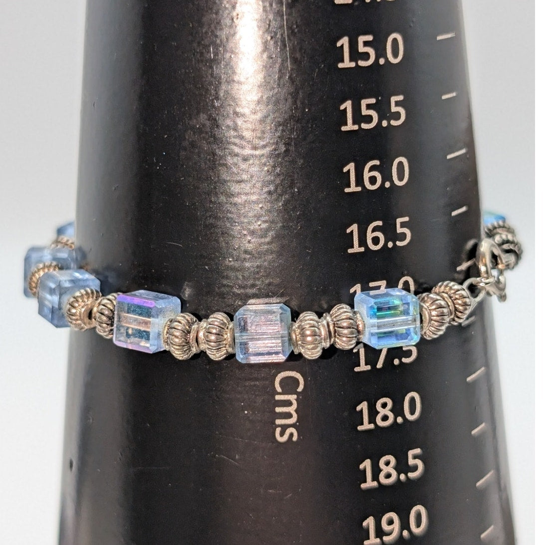 Vintage Blue Square Glass AB Crystal & Silver Tone Bead Bracelet