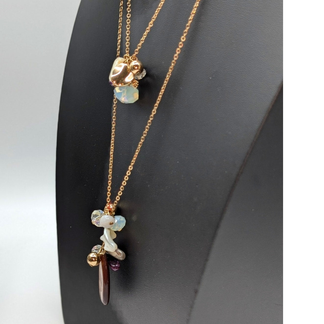 Double Strand Gold Tone Stone Crystal Glass Beaded Cluster Dangle Necklace