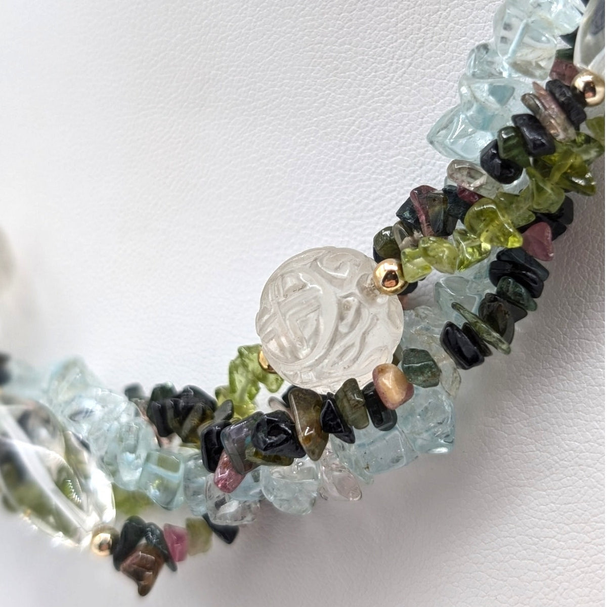 Torsade Strands Topaz Chip & Carved Peridot & Multi Gem Gold Tone Clasp Necklace