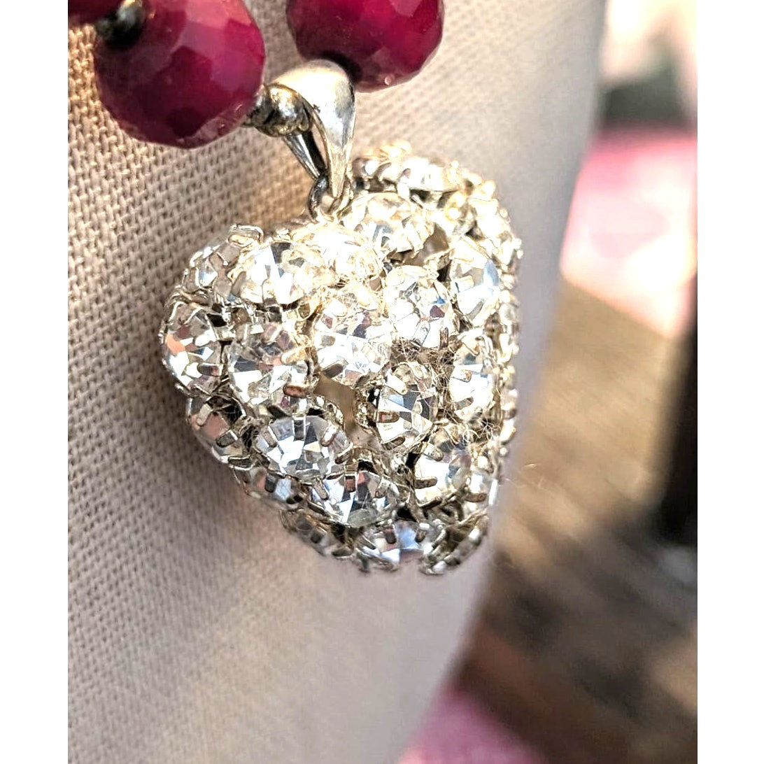 Deep Cranberry Red Cut Faceted Glass Bead and Rhinestone Heart Pendant Necklace