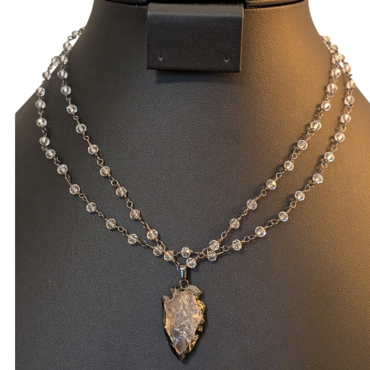 Two Strand Crystal Chain W/ Clear Quartz Arrowhead Pendant 16.5" Necklace