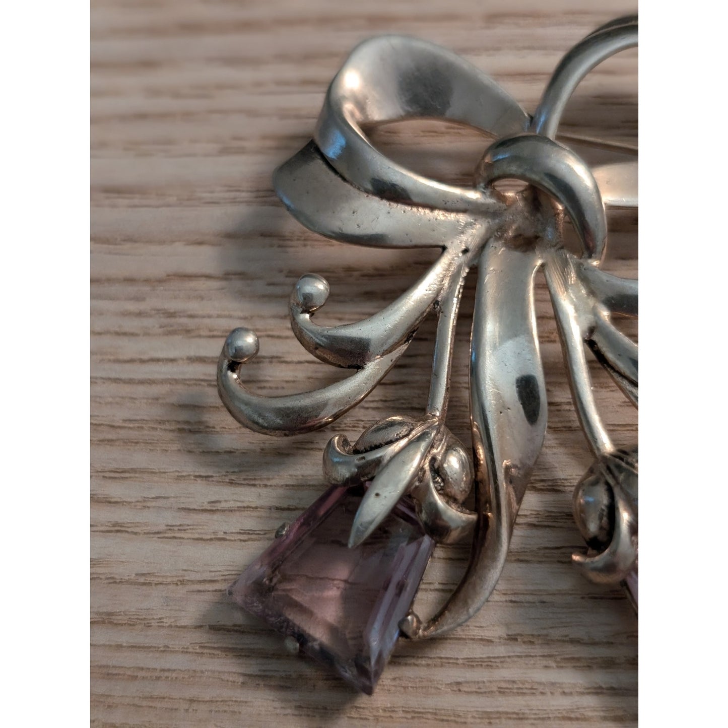 Vintage 40's Hollywood Regency Sterling Amethyst Glass Flower Ribbon Brooch