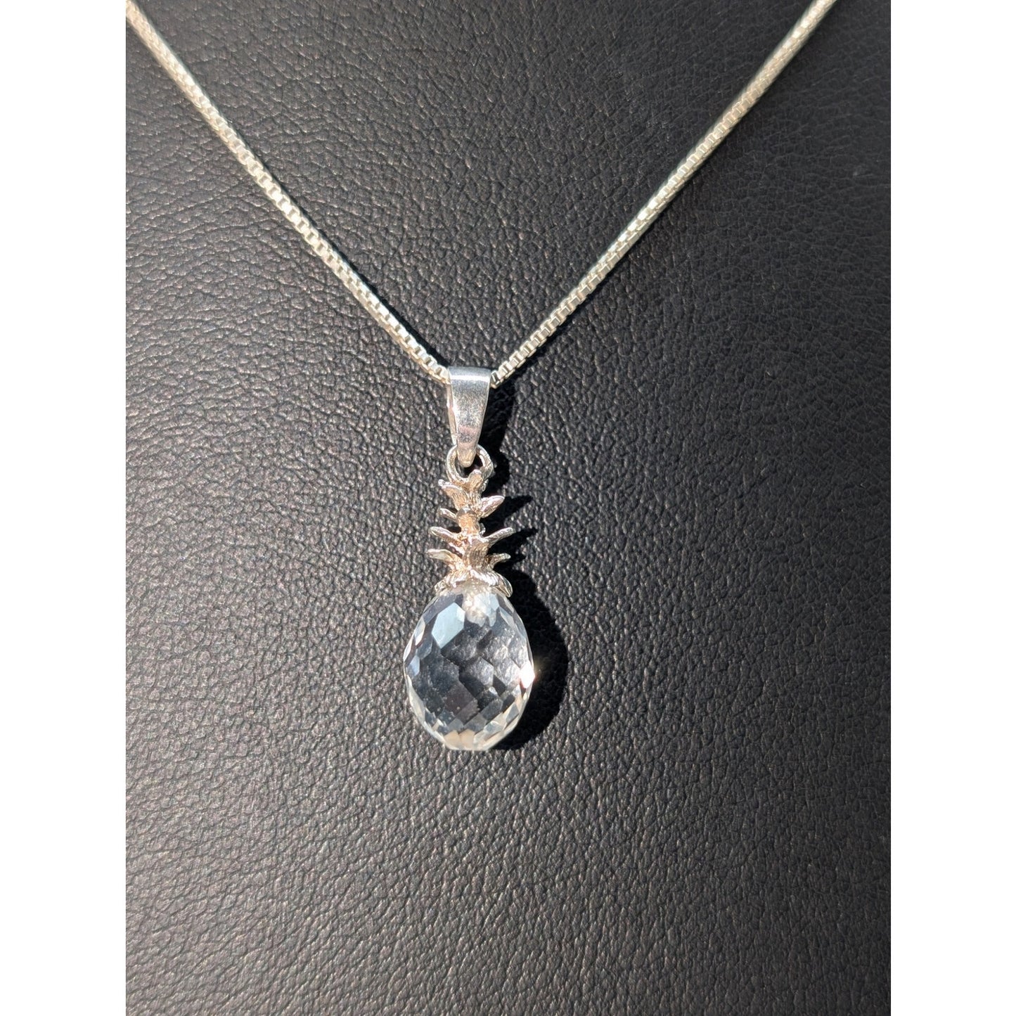 925 Sterling Silver Crystal Briolette Pineapple Pendant 16" Chain Necklace