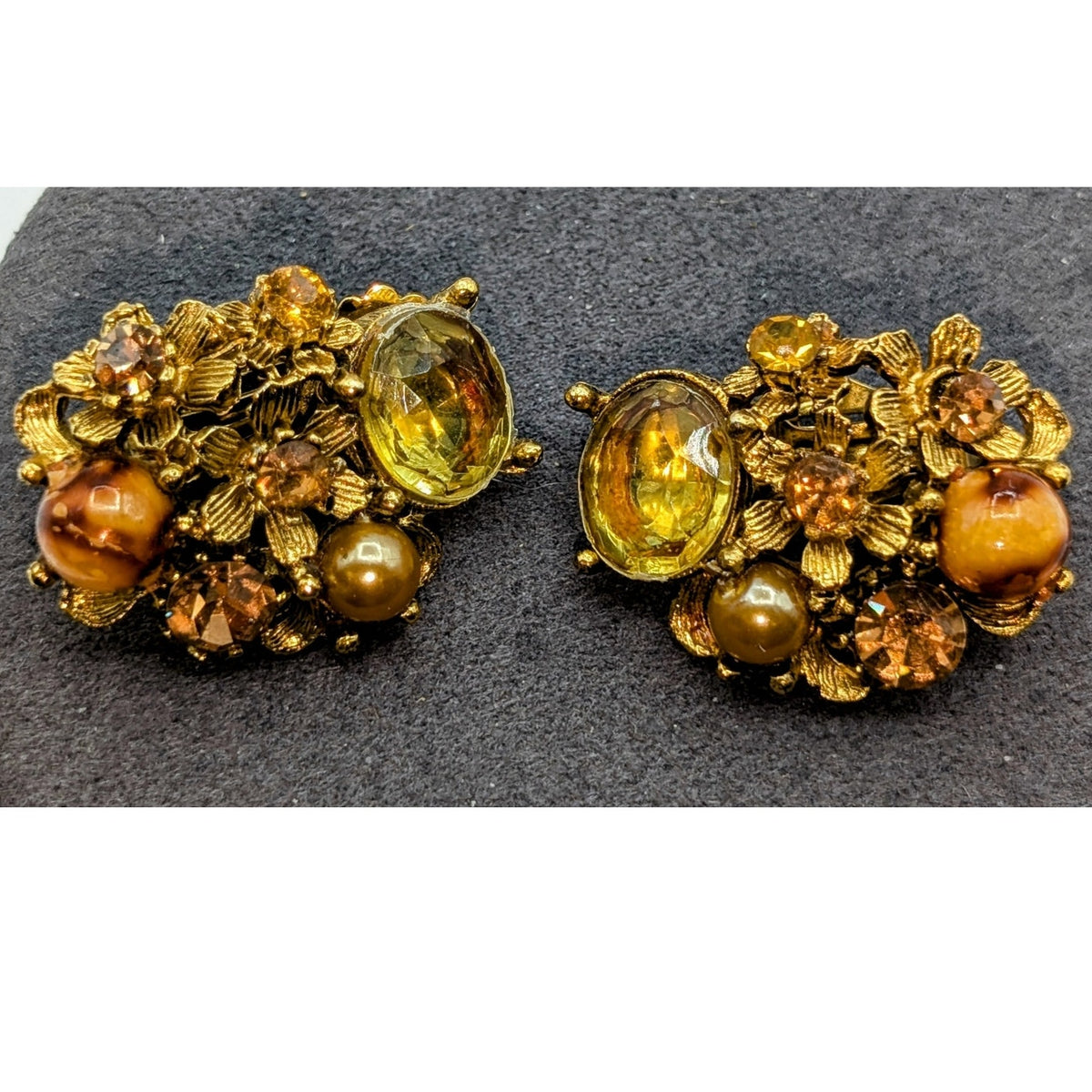 VTG Signed Selini 1950s Citrine Crystal Faux Pearl Rhinestone Clip On Earrings