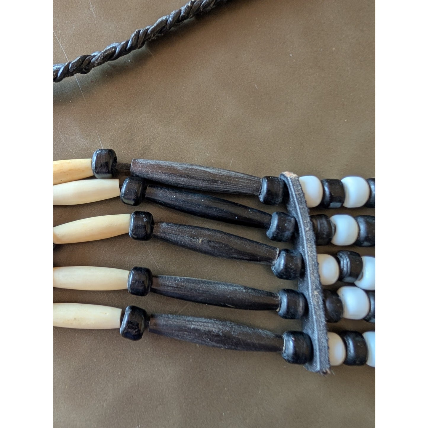 Native American Abalone Disc 5 Strand Bone Hairpipe & Glass Bead Leather Choker
