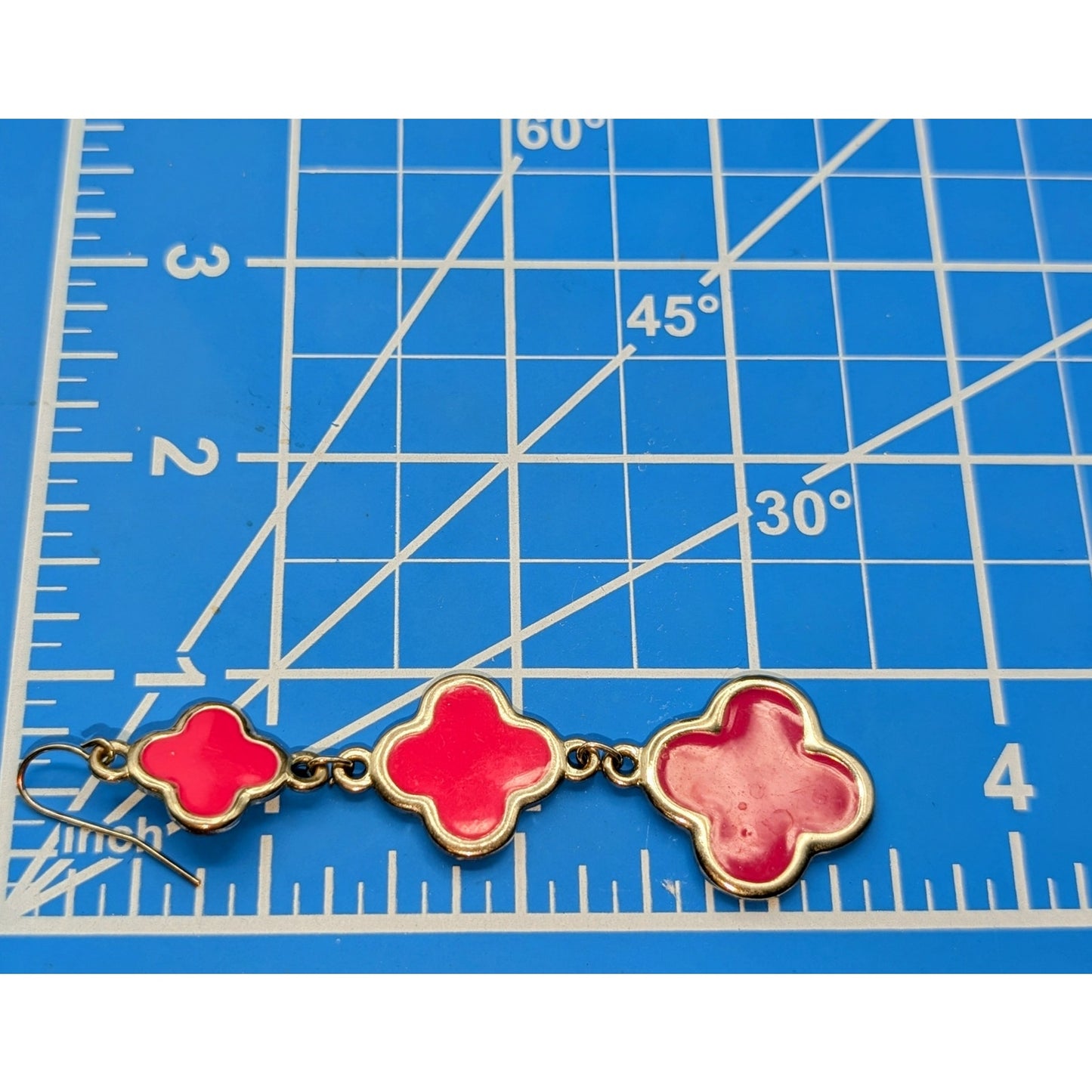 Hot Pink Enamel Three Quatrefoil Silver Tone Dangle Pierced Earrings