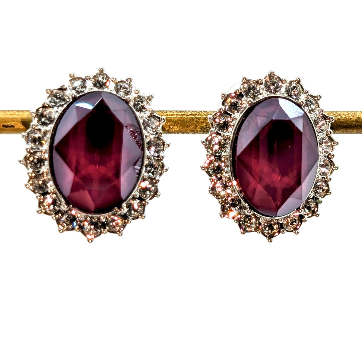 Deep Mauve Oval Faceted Glass Stone W/ CZ Halo Surround Silver Tone Earrings