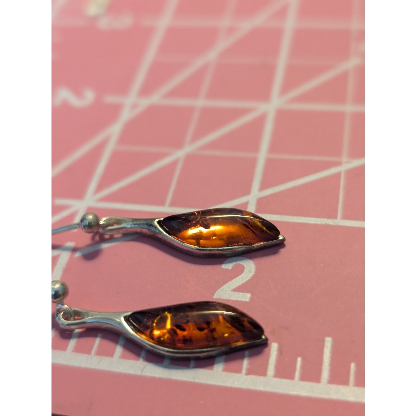 Vintage Marked 925 Sterling Silver Baltic Amber Post Dangle Earrings