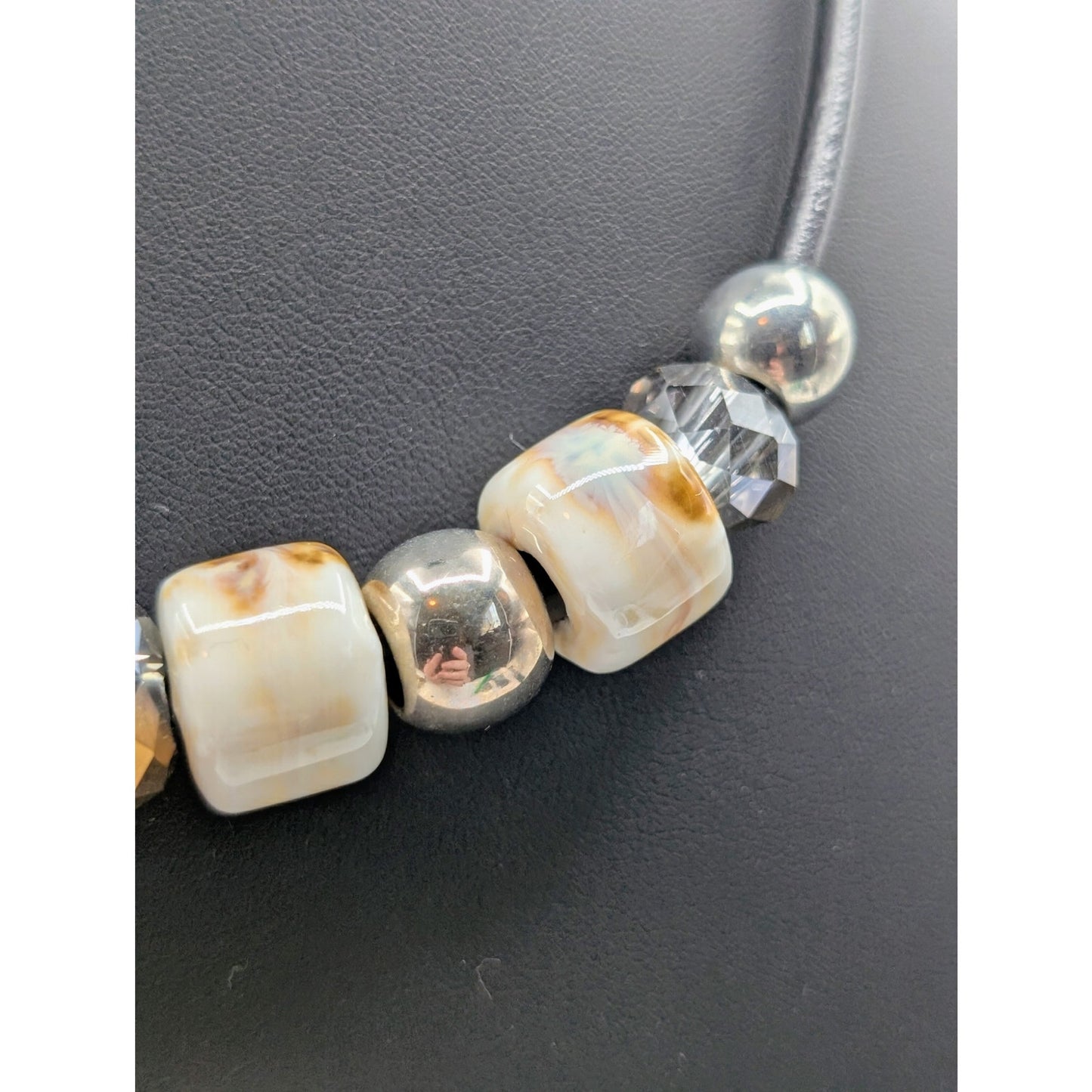 Modern Tribal Leather Cord Glass Metal Crystal Rhinestone Ball Bead Necklace