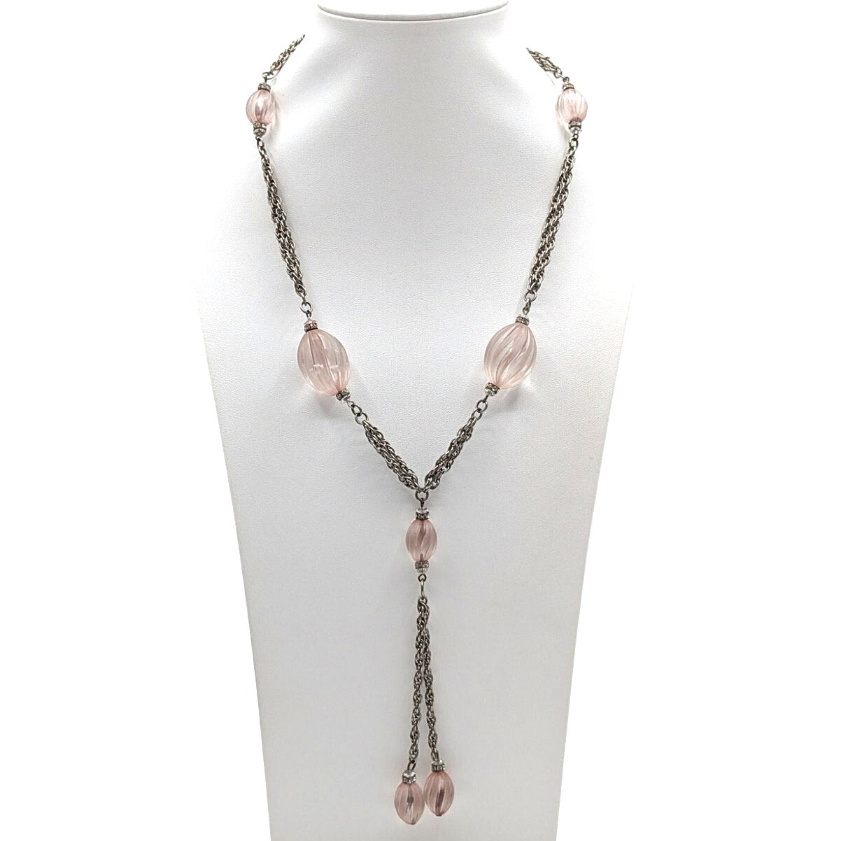 Vtg Art Deco Style Pink Swirl & Crystal Bead Silver Tone Dangle Chain Necklace