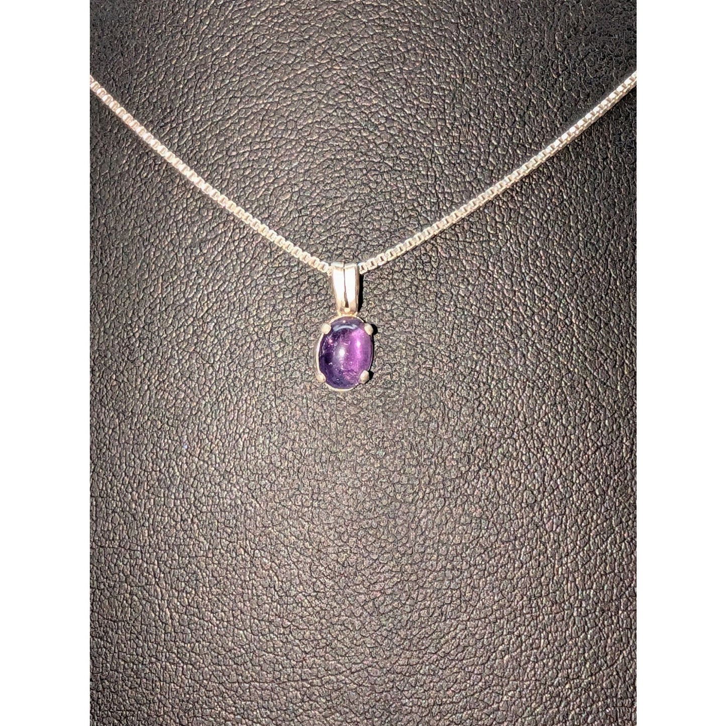 Vintage Sterling Silver Amethyst Cabochon Pendant Box Chain 16" Necklace