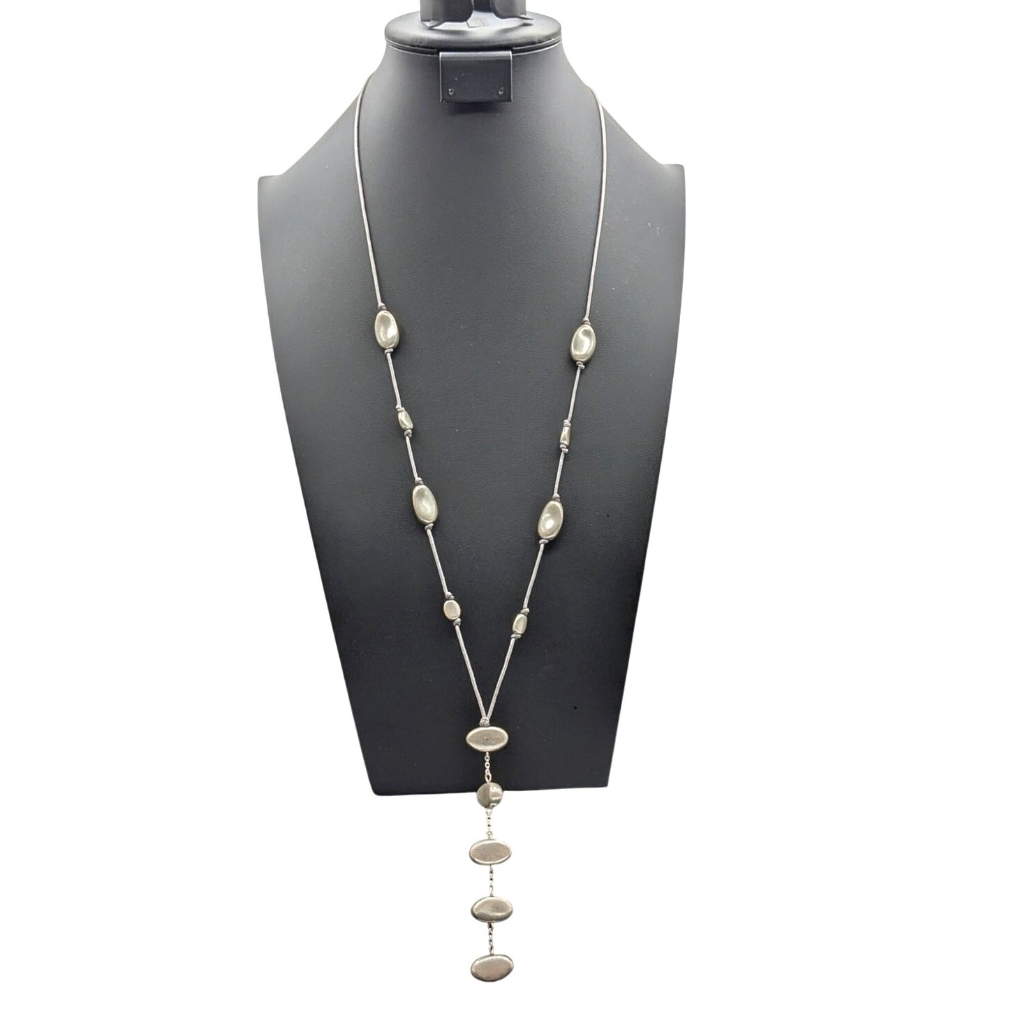 Long 30"-33" Silver Tone Beaded Station Corded Long Dangle Necklace