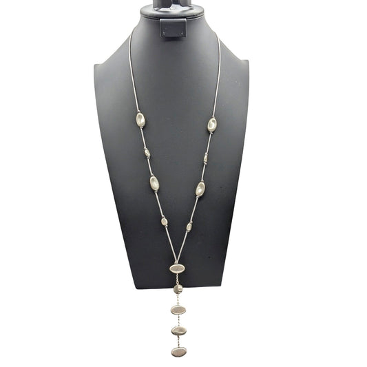 Long 30"-33" Silver Tone Beaded Station Corded Long Dangle Necklace