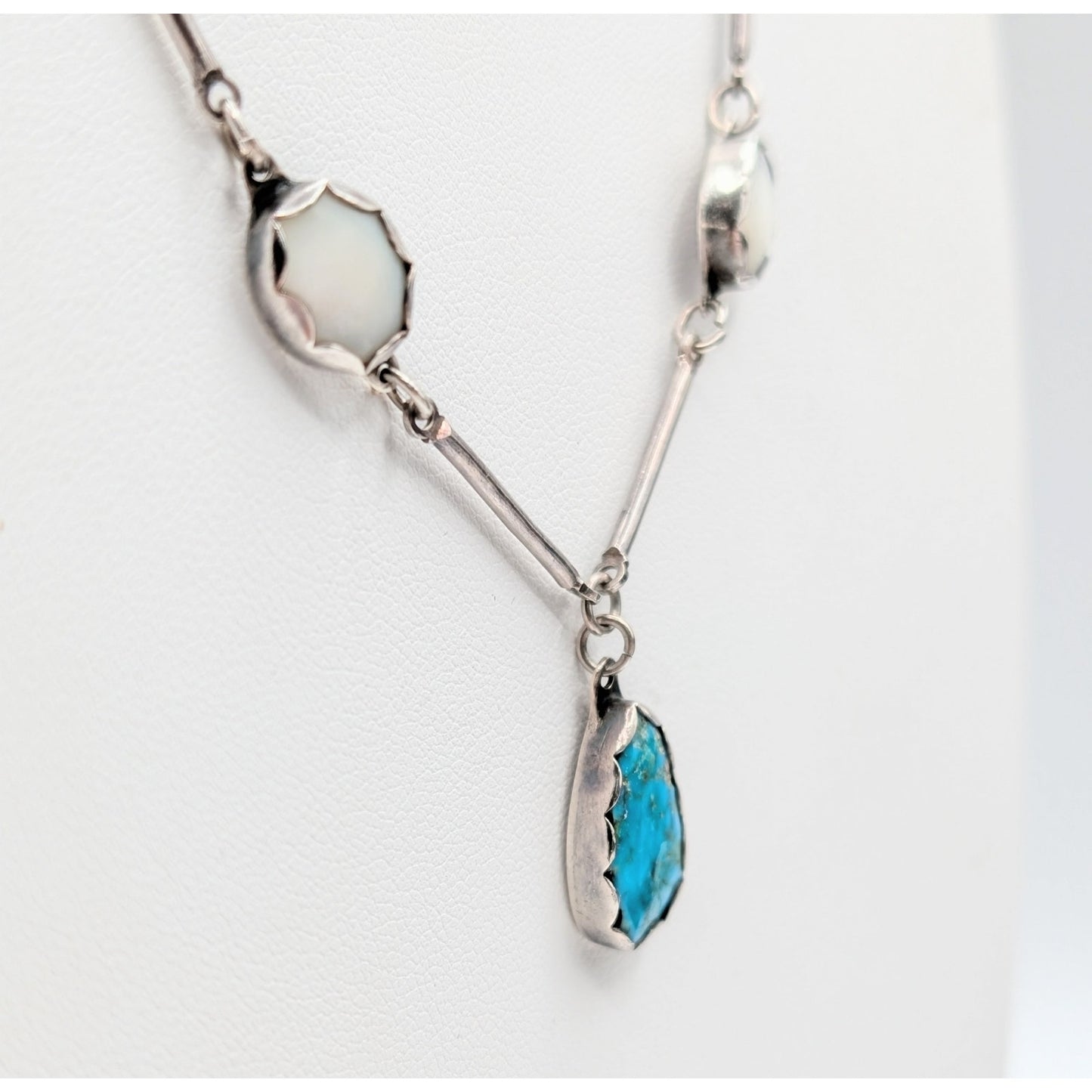 Vtg Sterling Signed Hand Set Turquoise & Mother of Pearl Bar Chain Drop Necklace