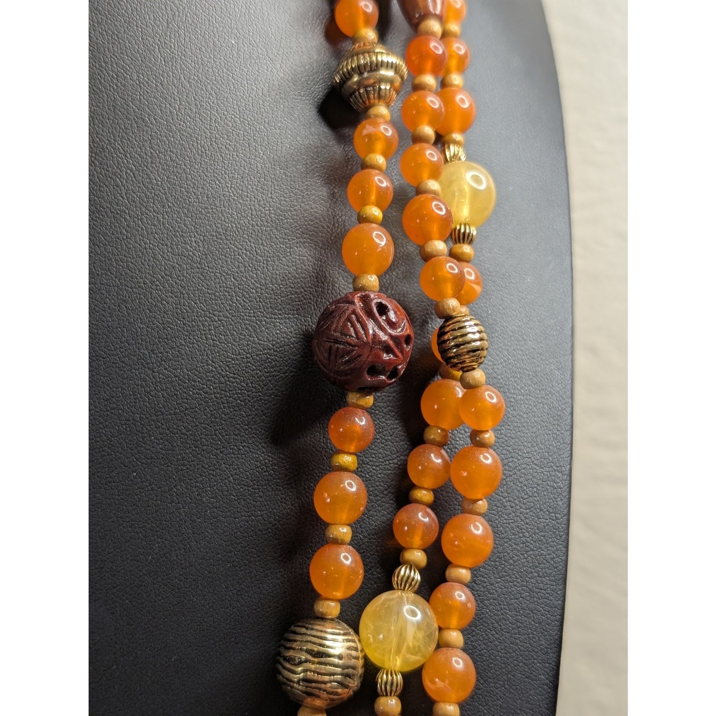 Vintage Signed Avon 3-Strand Faux Amber Carved Cinnabar Wood Bead 35" Necklace