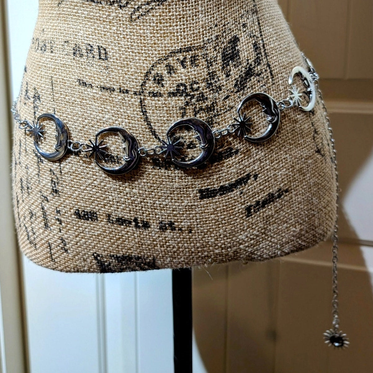 Moon Sun Boho Retro Punk Silver Tone Metal 43" or Less Waist Chain Belt