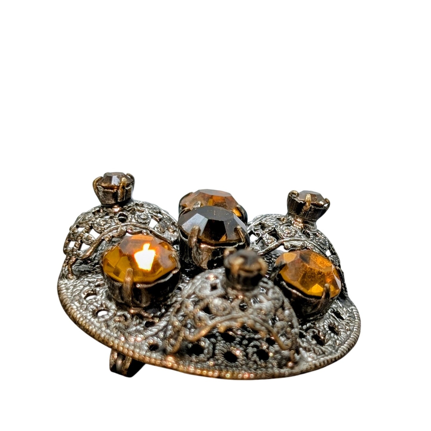 Vintage Citrine & Brown Czech Glass Silver Tone Filigree Brooch