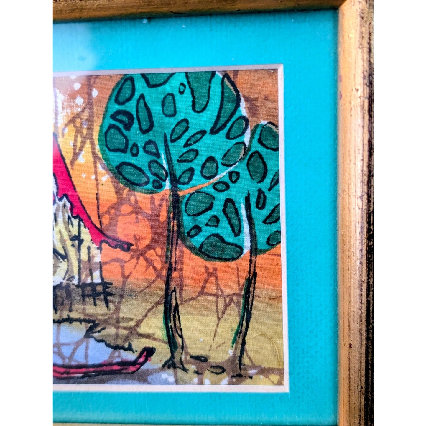 Vintage Signed Malaysian Village Batik Gilt Wood Framed Small Art Under Glass