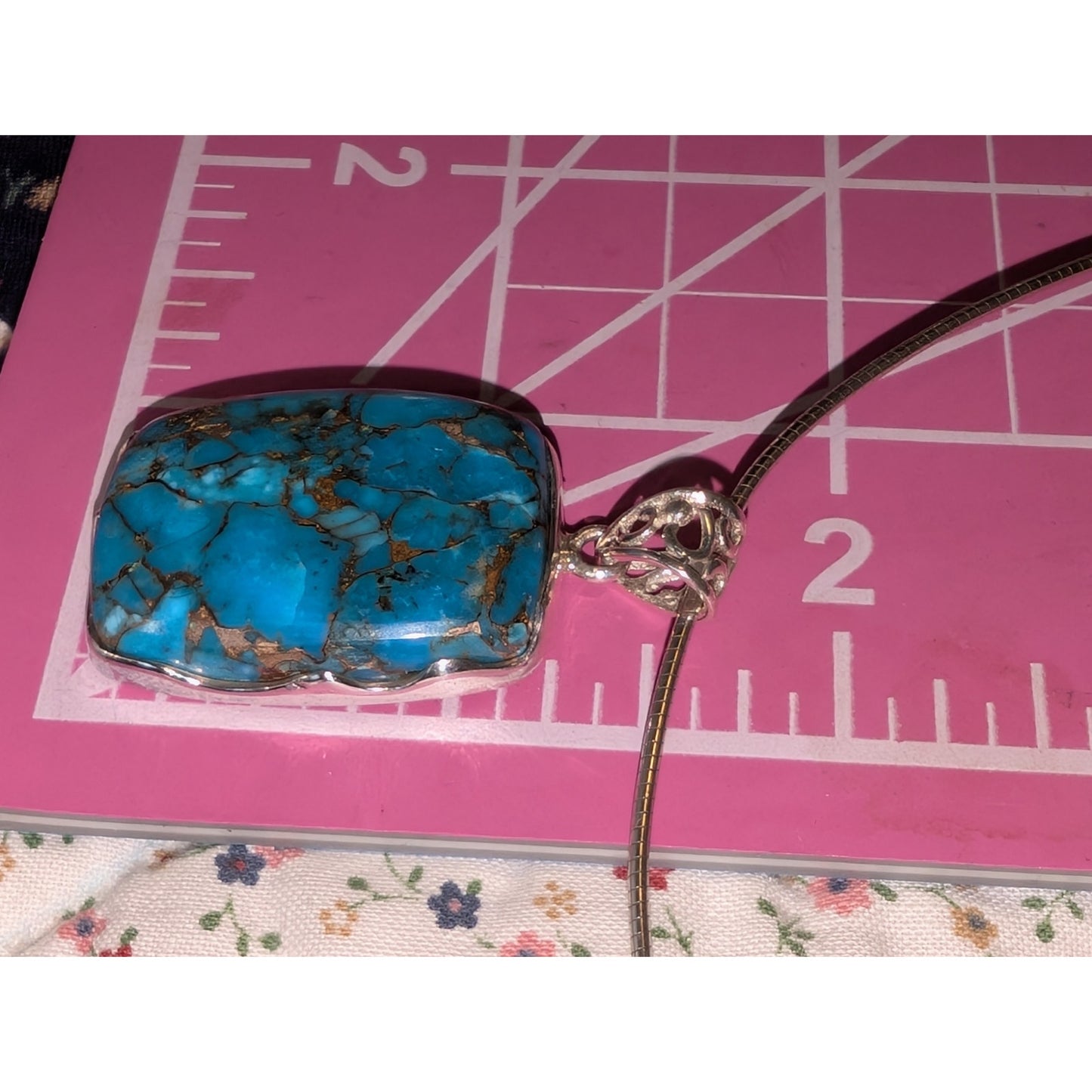 VTG 925 Sterling Silver Copper Turquoise Pendant on Sterling 18" Cable Wire
