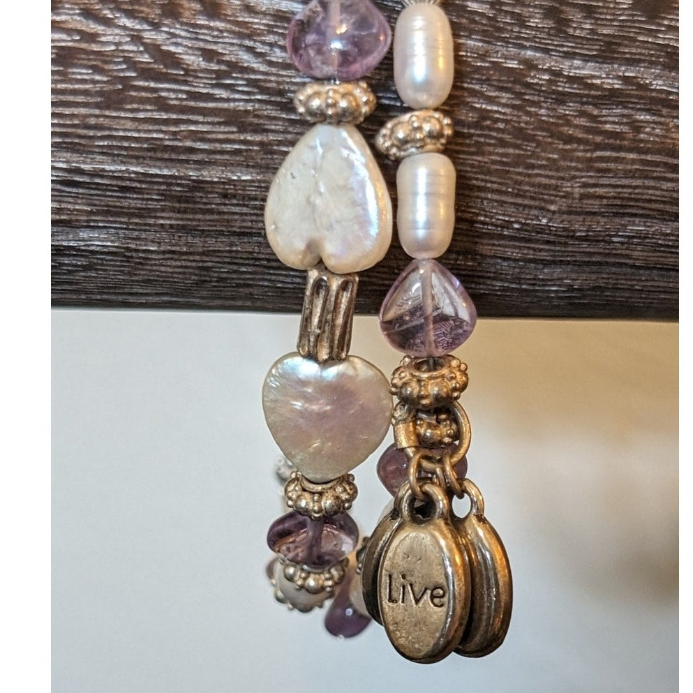 Sterling Rice Pearl Heart Shaped Freshwater Coin Pearls Amethyst Charm Bracelet