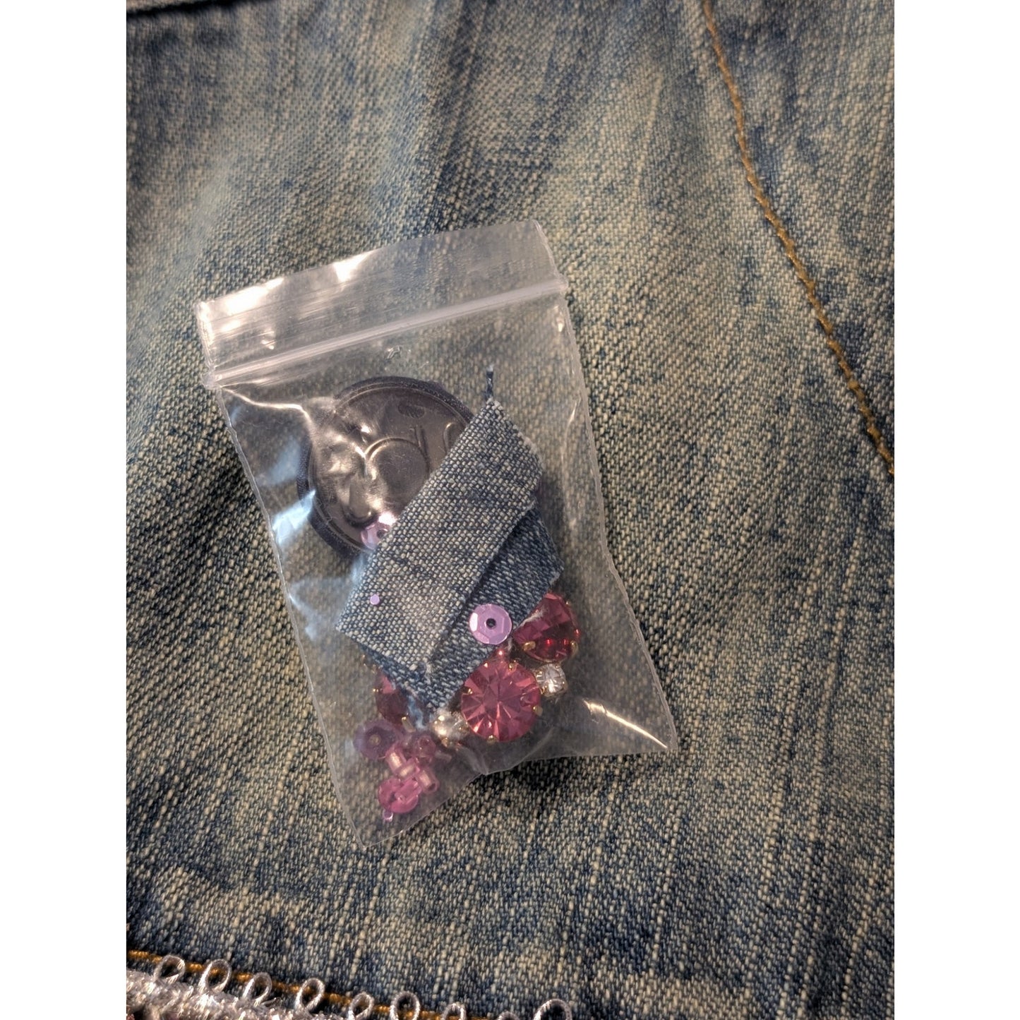 Berek by Takako Sakon Embellished Pink Sequin Bead Rhinestone Denim Jacket Sz XL